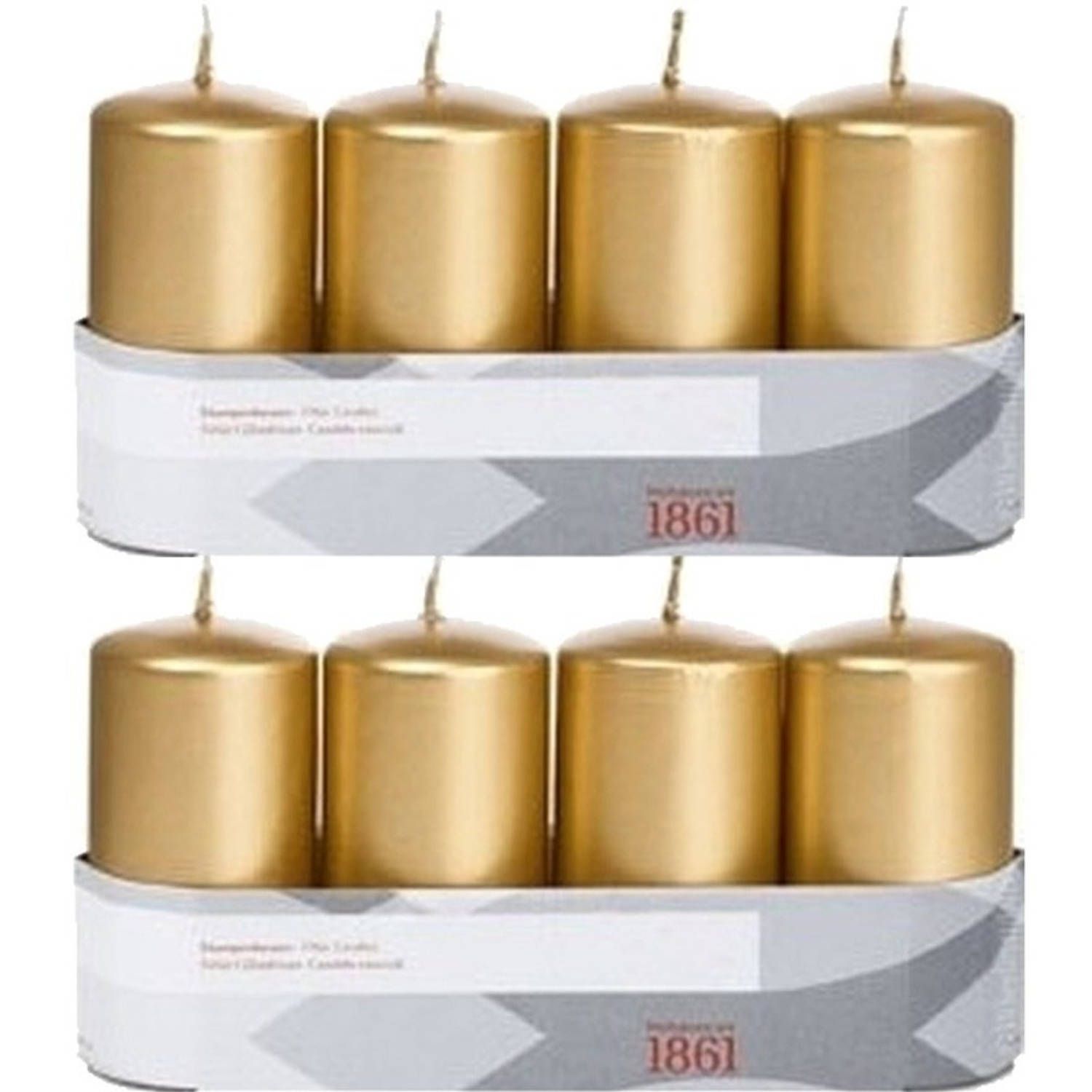 Trend Candles 8x Gouden cilinderkaarsen/stompkaarsen 5 x 10 cm - Geurloos - Goudkleurig