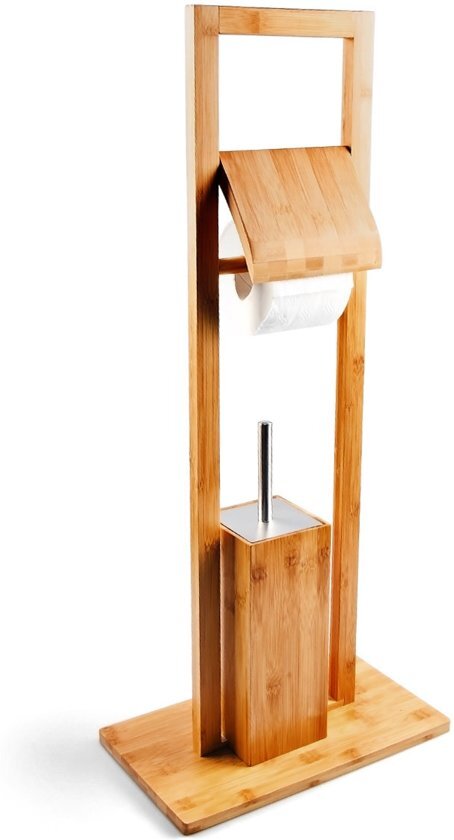 Relaxdays WC set bamboe hout toiletrolhouder wc-borstel - Rolhouder staand