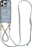 AVY Hoesje geschikt voor Apple iPhone 16 Pro Max | Met Koord en Kaarthouder | Compatibel met MagSafe | Kunstleren Case met Polsand & Crossbody Koord & Wallet | Gold Denim Set | Denim