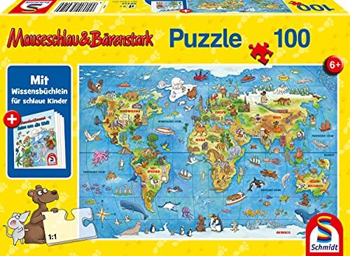 Schmidt Spiele 56412 Mauseschlau en berenstrak, reis om de wereld, 100 delen kinderpuzzel, met kennisboekje, kleurrijk