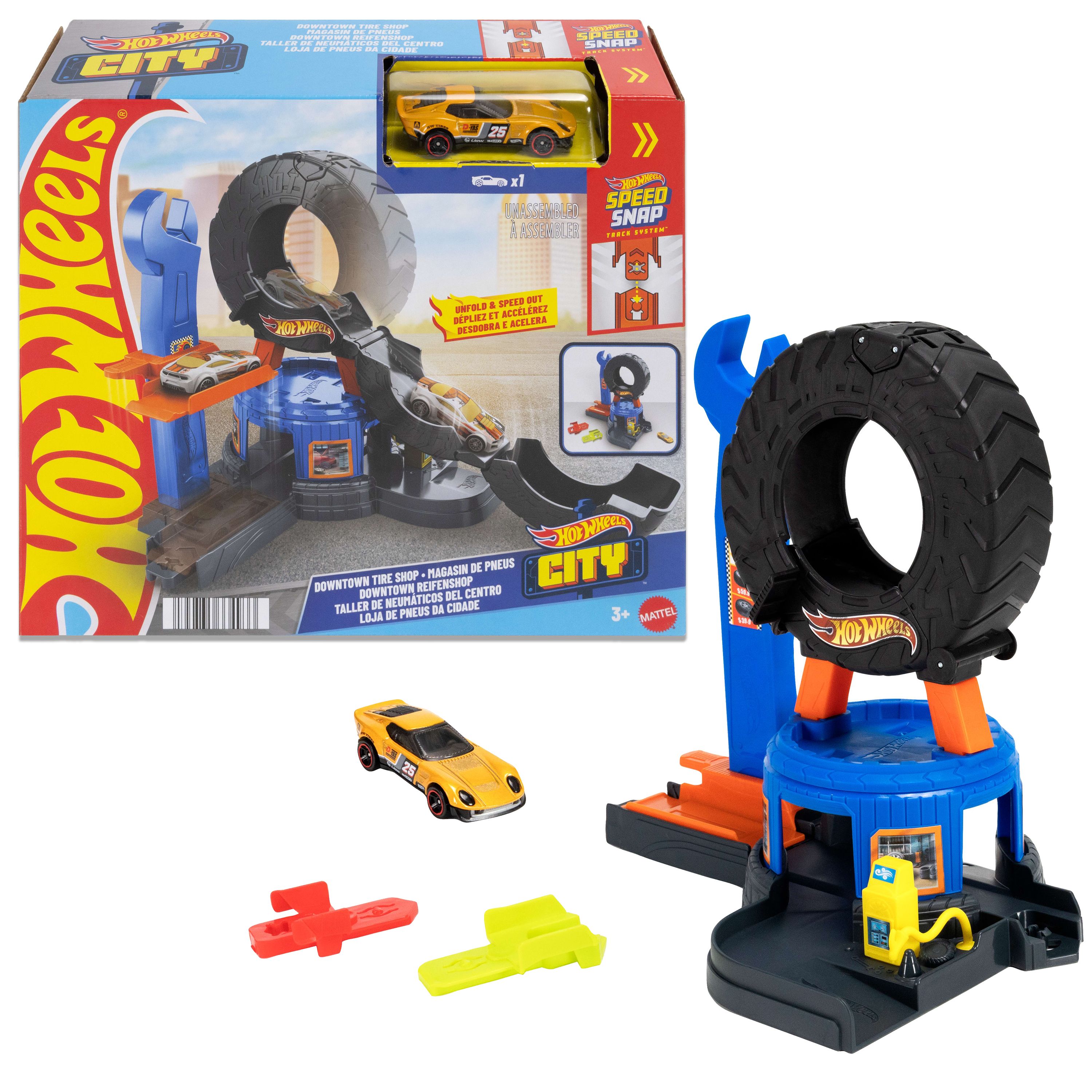Hot Wheels City Centrum Bandenwerkplaats, speelset en speelgoedauto (schaal 1:64)
