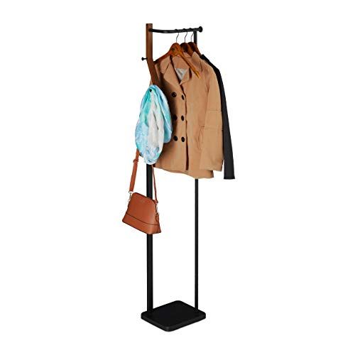 Relaxdays Garderobestandaard metaal & hout, modern, 3 haken & kledingstang, zwart-bruin
