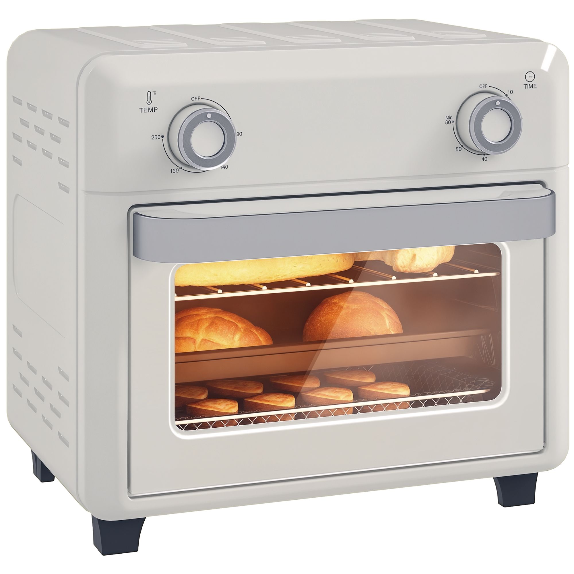 HOMCOM Mini heteluchtoven 10L, draaibare heteluchtoven met friteuse zonder olie, timer 60 min met regelbare temperatuur 80°C ° C-230 ° C, bord & bakrooster inbegrepen, crème