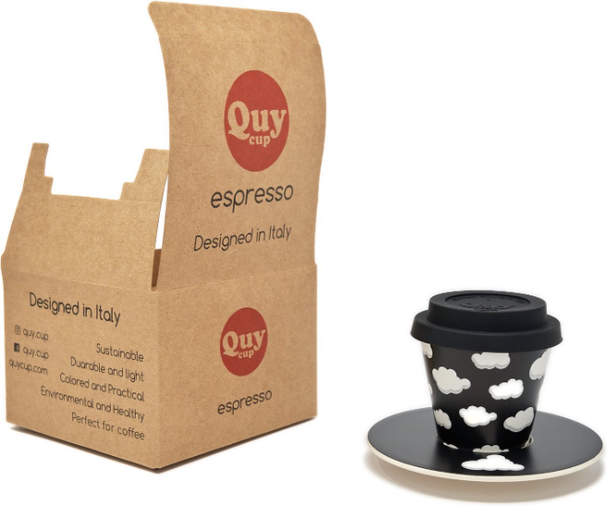 Quy cup - 90ml Ecologische Reis Beker - Espressobeker “Cloud” met schotel en Zwarte Siliconen deksel Set 1 Espresso Cup with Dish