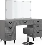Vicco Kaptafel set met kruk Anett, Grijs, 150 cm met spiegel, LED-lichtslinger en kruk