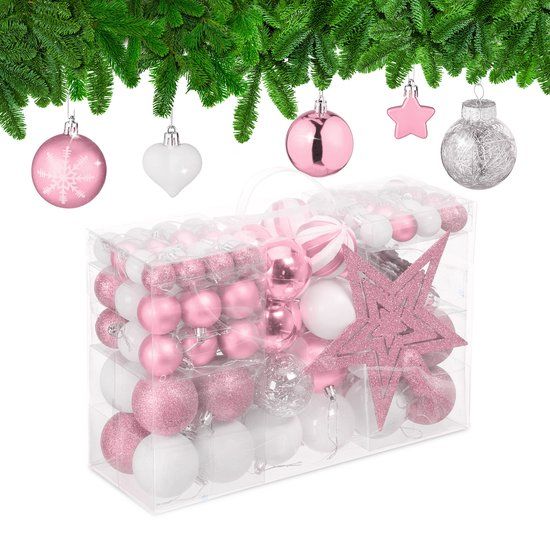 Relaxdays Kerstballen - Set van 101 - Plastic - Onbreekbaar - Kerstpiek Ster - Roze/Wit