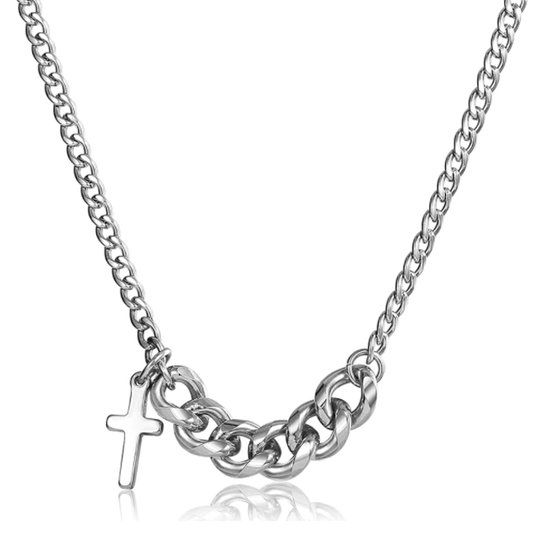 LGT JWLS Zilverkleurige Heren Ketting Met Schakel en Kruis