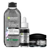 Garnier SkinActive Gel nettoyant micellaire, Sérum AHA+BHA anti-imperfections et Crème opaque Air Cream AHA+BHA au charbon, peau purifiée et unifiée, 400 ml + 30 ml + 50 ml