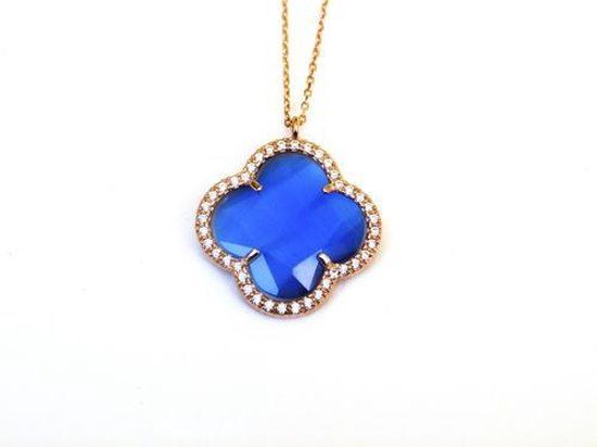 model Fiori collier zilver roze verguld kobaltblauw klaver zirkonia 45 cm