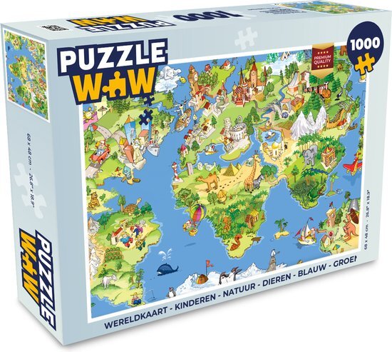 MuchoWow Puzzel Wereldkaart - Kinderen - Natuur - Dieren - Blauw - Groen - Legpuzzel - Puzzel 1000 stukjes volwassenen - Sinterklaas cadeautjes - Sinterklaas voor grote kinderen