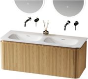 Saniclass Terra Badkamermeubelset - 120x42x45.5cm - Solid Surface Wastafel Wit Mat - 2 Wasbakken - 2 Lades - Sandwood (licht eiken)