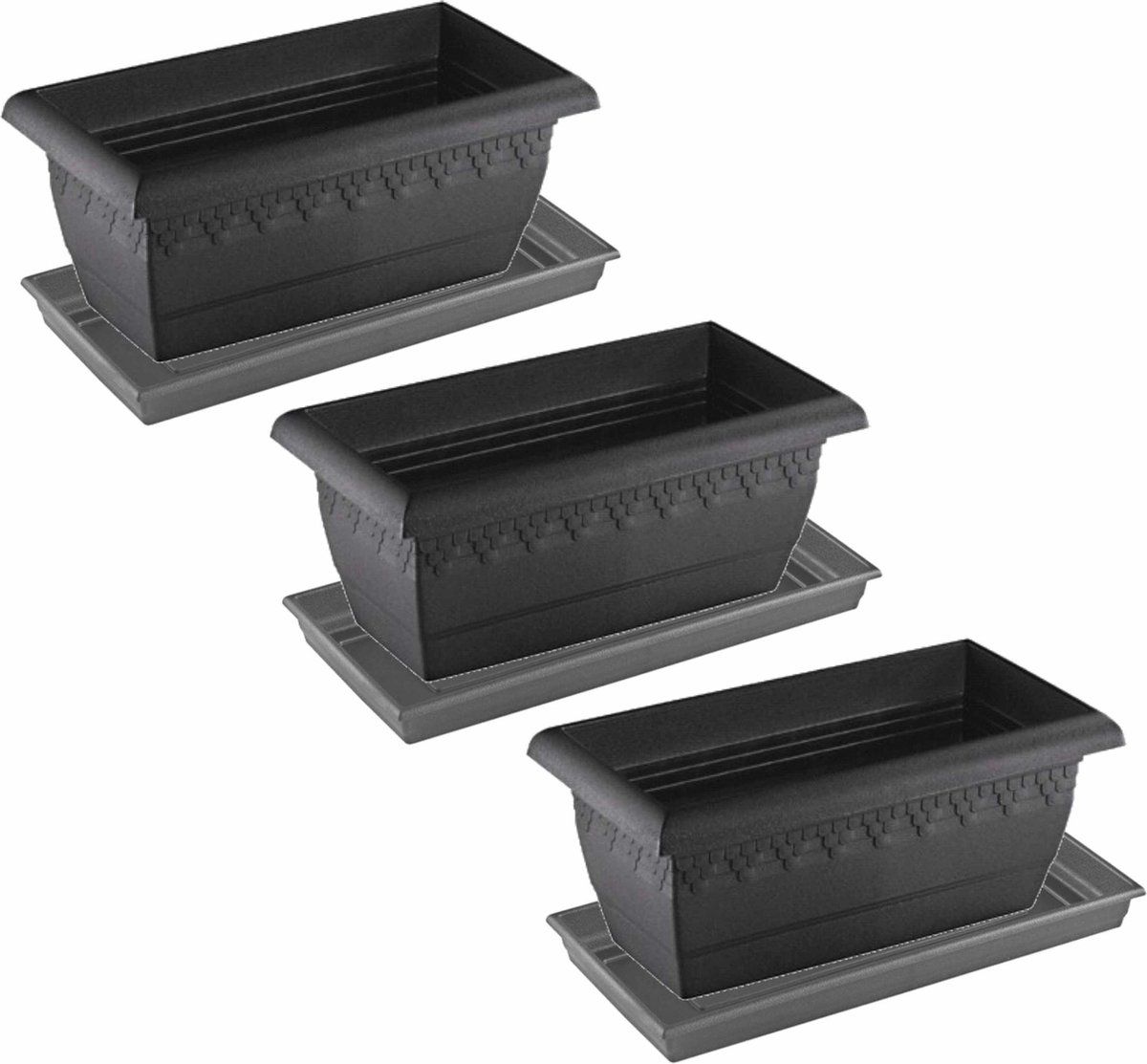 Hega hogar 3x antraciet grijze plantenbakken met onderschaal 40 x 20 x 16 cm