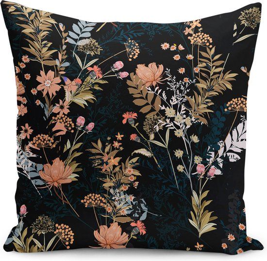 Sierkussen Velvet - 50x50 cm - Bloemen op zwart - 2 stuks - Fluweel
