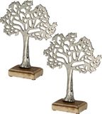 CEPEWA 2x Stuks decoratie levensboom van aluminium op houten voet 30 cm zilver