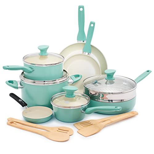 Greenpan Rio Gezonde Keramische Antiaanbak Keukenapparatuur Pannenset, 16-delig, PFAS-vrij, Vaatwasserbestendig, Turquoise