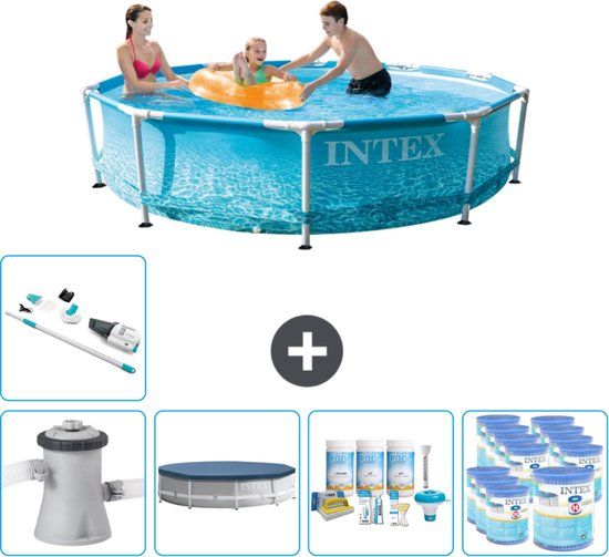 Intex Rond Frame Zwembad - 305 x 76 cm - Waterprint - Inclusief Pomp Afdekzeil - Onderhoudspakket - Filters - Stofzuiger