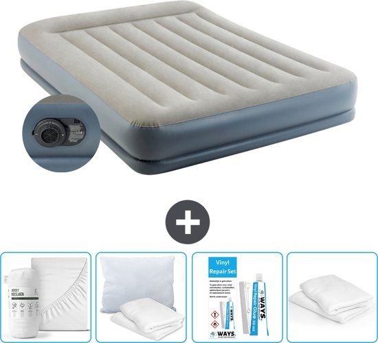 Intex Luchtbed - 2-Persoons - 152 x 203 x 30 cm - Grijs - Inclusief pomp - Hoeslaken - Kussen - Reparatieset en Kussenbeschermer