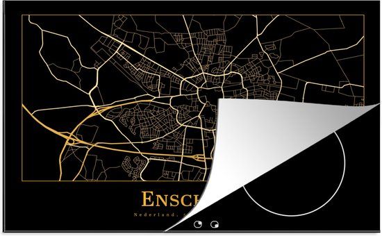 KitchenYeah® Inductie beschermer 77x51 cm - Kaart - Enschede - Zwart - Goud - Inductiebeschermer