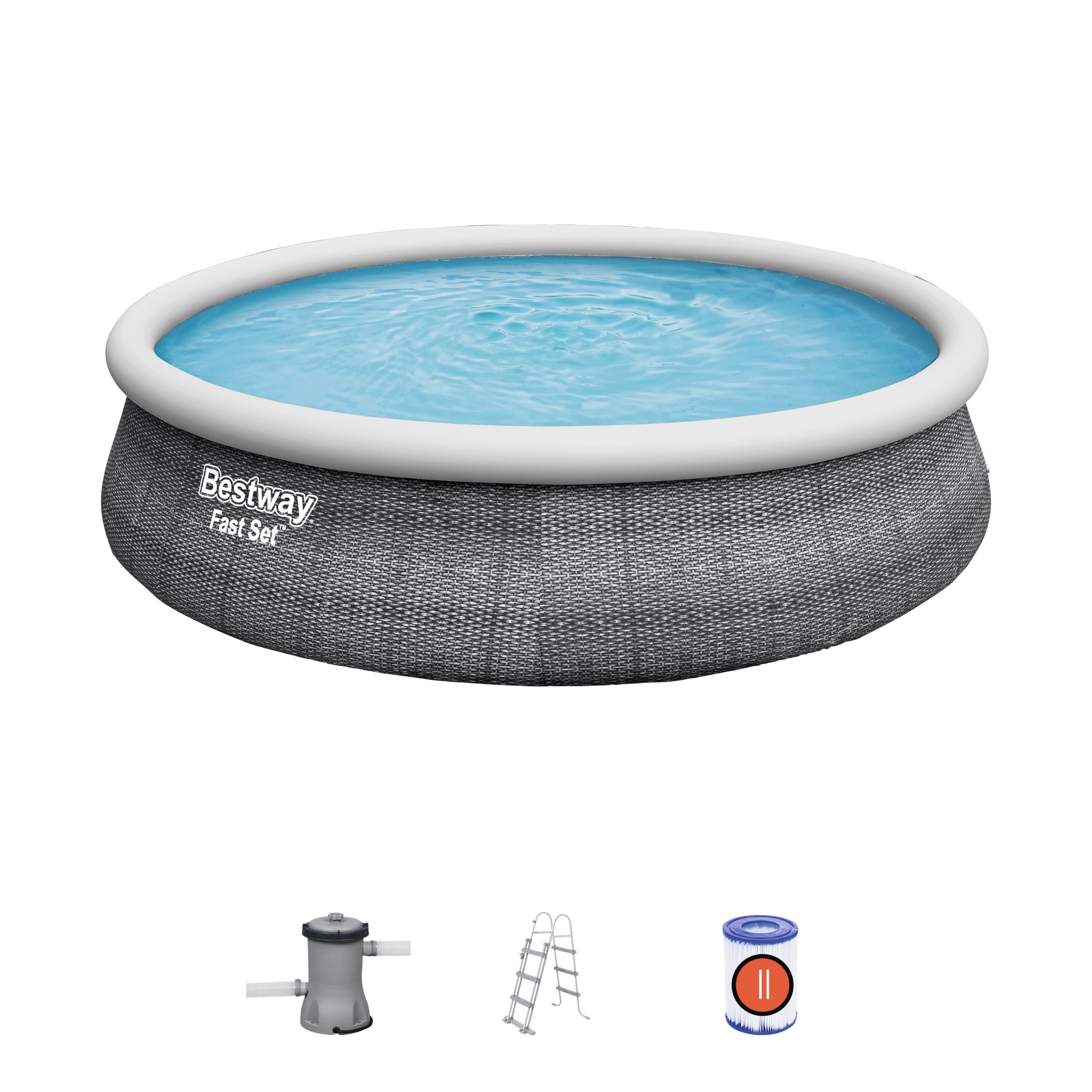 Bestway Fast Set Opblaasbaar Zwembad - 457cm - Rond - Grijs - Inclusief Filterpomp en Trap