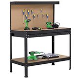 Bakaji Werkbank voor werkplaats, gereedschapshouder, metalen frame, werkbladen van MDF-hout, met wandhaken, gereedschapslade en planken, kleur zwart, afmetingen tafel 120 x 60 cm