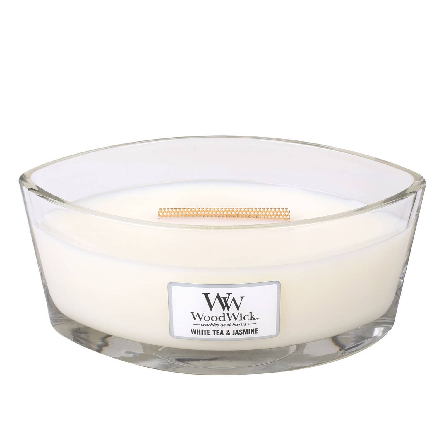 Woodwick - ellipse hearthwick flame geurkaars - white tea & jasmine - tot 50 branduren