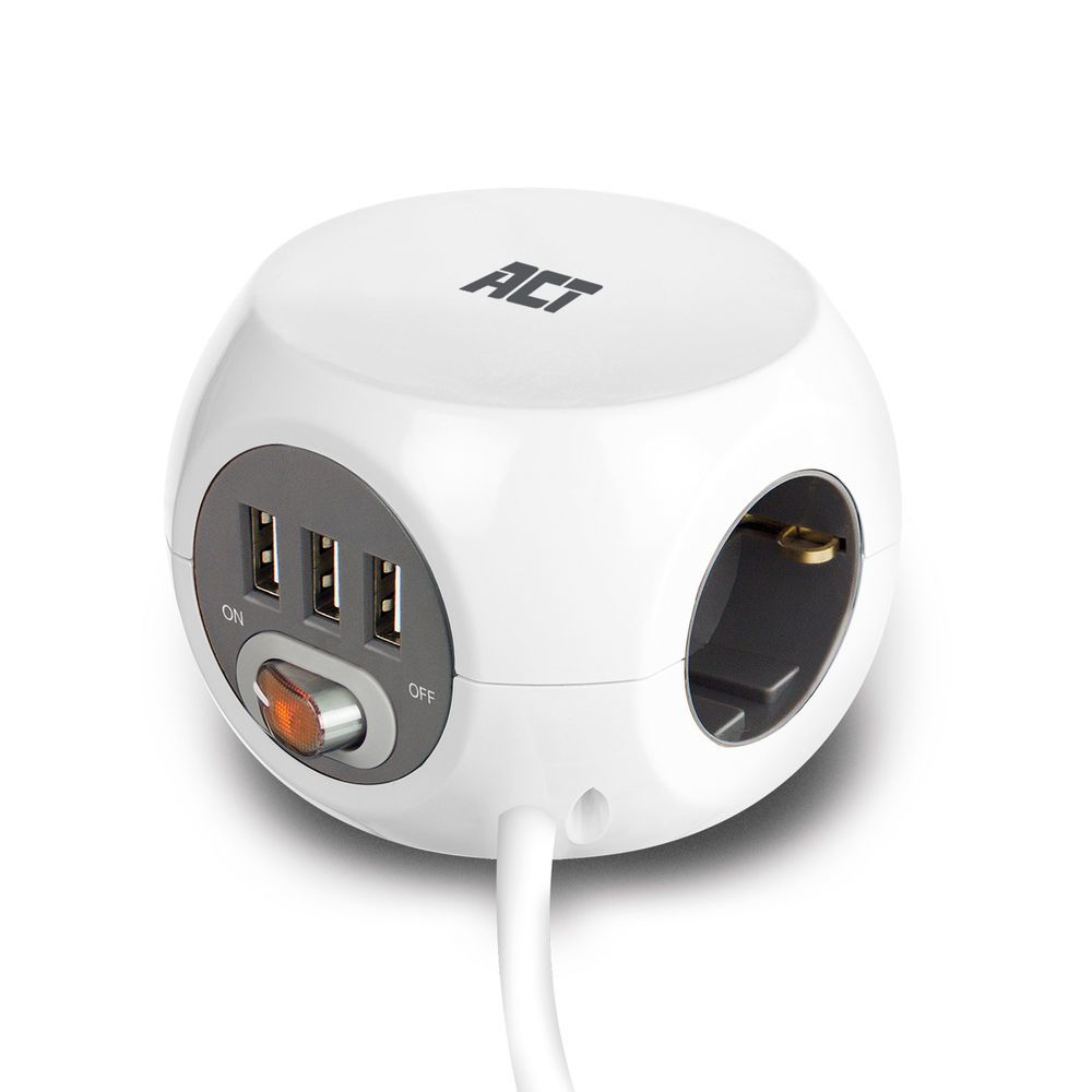 ACT Vierkante stekkerdoos met 3 sockets type F, 3 USB-A poorten, 1,5m - Wit