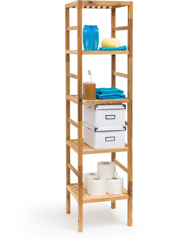 Relaxdays Badkamerrek - Walnoot Geolied - 5 Etages - Houten Opbergrek - 150 cm