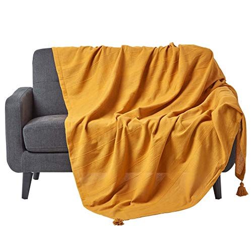 HOMESCAPES - Rajput Geribbelde plaid - 90 x 100 inch - Mosterdgeel - Handgemaakt 100% katoen