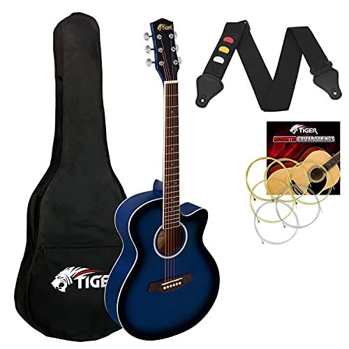 Tiger 3/4 Size Akoestische Gitaar - Staal Strung Kleine body Akoestische Gitaar voor Leeftijd 12+ met Zak, Strap, Reserve Strings en Plectrums - Blauw