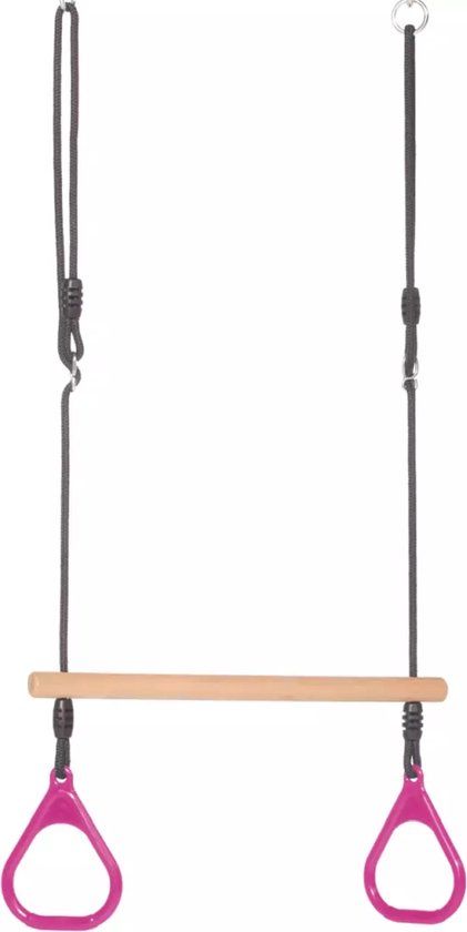 Dice - Houten Ringtrapeze met Kunststof Ringen Roze - Zwart Gevlochten Touw