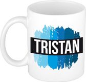 Bellatio Decorations Bol Tristan naam cadeau koffie mok - beker - met blauw verfstrepen - Cadeau collega - vaderdag - verjaardag - meester - coach - 300 ml - wit