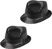 Boland Carnaval trilby hoedje - 2x stuks - pailletten - Zwart - Adultes
