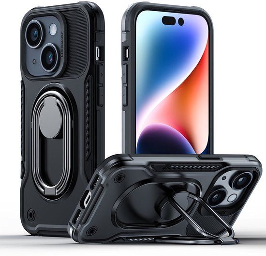Joyroom Dual Hinge - Beschermend iPhone 14 Plus Hoesje - Zwart - Met Ringhouder