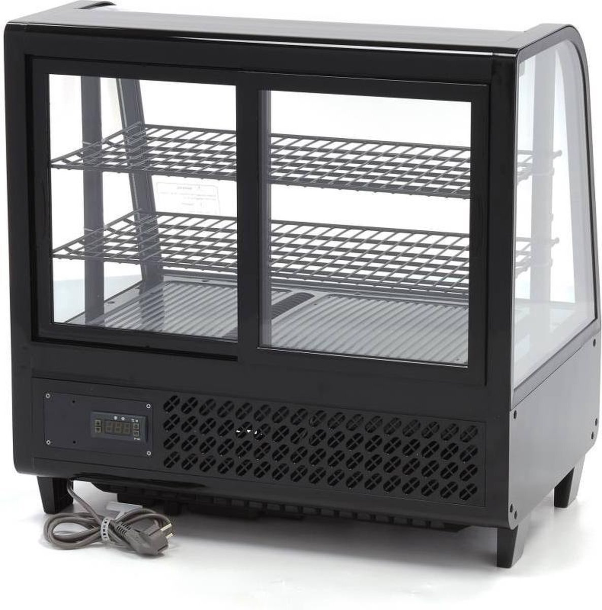 Maxima Koelvitrine 68 cm - 100 - Liter Zwart - Incl. 2 Roosters - Schuifdeuren - Digitale Temperatuur Controle - Gebaksvitrine / Mini Vitrine -