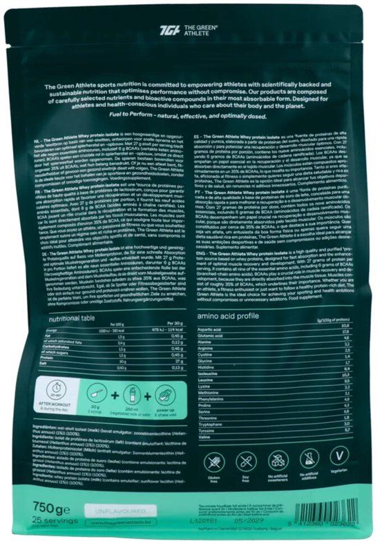 The Green Athlete Whey protein isolate unflavoured 750 Gram
