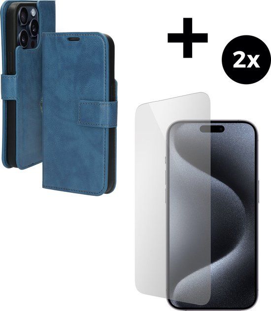 Mobiparts Classic Wallet Case for Apple iPhone 15 Pro Max - Blue with 2 Screen Protectors