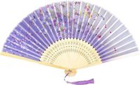 Ventilateur à main pliable sans marque pour femmes, bambou et soie, avec pompon, décoration murale et décoration de mariage (fleur violette)