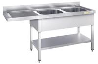 GOLDINOX RVS spoelbak voor vaatwasser, 2 bakken, 1600x700 mm, met afvoerbak aan de linkerkant, PREMIUM
