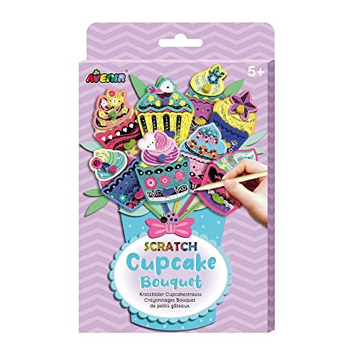 Avenir 6301733 Kras Foto's Knutselset Cupcakestrauß, DIY Creatieve set voor kinderen vanaf 5 jaar, zelf bloemenboeket maken, boeket