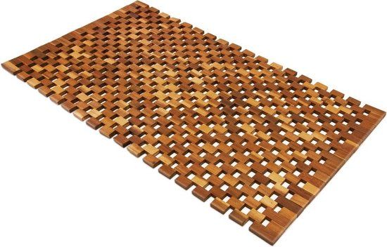 Acacia Houten Badmat - Antislip - Blokjespatroon - 80x50cm - Bruin