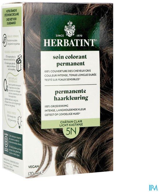 Herbatint Haarverf - Permanente Vegan Haarkleuring - Natuurlijke haarkleuring - 100% grijsdekking - Zonder gebruik van ammoniak - 5N Licht Kastanje – 170 ml