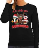 Bellatio Decorations Foute Kersttrui sweater - voor dames - We wish you - zwart - kerst dieren - kerst cadeau S