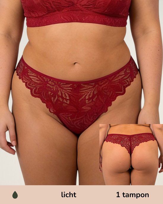 Moodies Undies Moodies menstruatie ondergoed - String lace - licht kruisje - maat XL - Rood