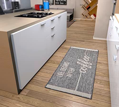 Hanse Home Life Begins After Coffee Keukentapijt, loper, tapijt met belettering, antislip, onderhoudsvriendelijk, robuust, Öko-Tex tapijtloper voor keuken, hal, eetkamer, grijs-crème, 62 x 150 cm