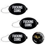 Fisura – Ovale rubberen portemonnee “F*cking coins” zwart. Retro portemonneetje met ketting, klein zakmodel, unisex en met humor. 3 stuks.