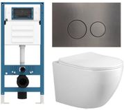 Adema Salina 2.0 Toiletset - 48.5x36x32cm - diepspoel - spoelrandloos - QeramiQ inbouwreservoir - softclose - quickrelease - toiletzitting - gunmetal metalen bedieningsplaat - ronde knoppen - wit
