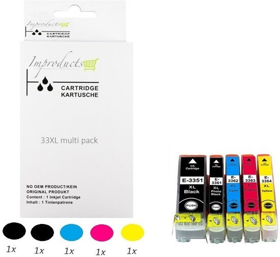 Improducts Â® Huismerk Inktcartridge Alternatief Epson 33XL (Epson T3357), 5 pack compatibel cartridges (1x T3351 XL Zwart, 1x T3361 XL Foto-zwart, 1x T3362 XL Cyaan, 1x T3363 XL Magenta, 1x T3364 XL Geel) Met Chip