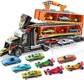 JOYIN Transporter Truck speelgoedauto's voor jongens vanaf 3 4 5 6-12 lichtmetalen raceauto's met 2 lanceerders, draagbare racebaan truck speelgoedauto met lichten en geluid, vrachtwagen speelgoedset