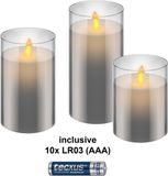 Goobay Set of 3 LED Real Wax Candles in Glass, Grey-Transparent, incl. 10x AAA (LR03)