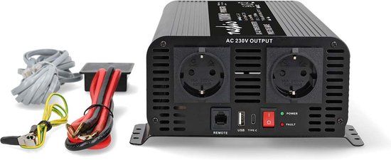 Nedis Auto Omvormer 1000W – 24V / 230V – 2x Stopcontact + USB-A & USB-C – Zuivere Sinusgolf – Schroefaansluiting – Spanningsomvormer
